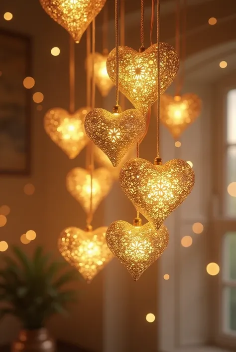 Golden hearts hanging from the ceiling 