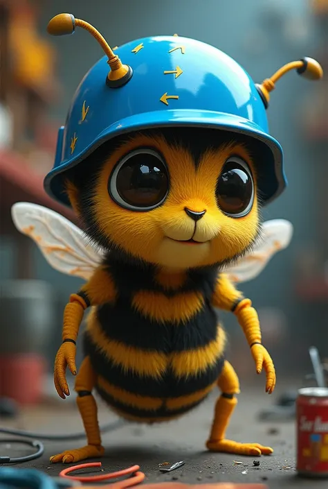 An electrician bee with a skate helmet on her head