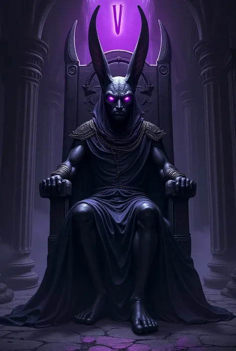 (Detailed above the dark anubis throne) "VII" is written. The words are written in a Numeric
-style font. Ultra-detailed face,Angry face, Purple detailed eyes, Looking away, Fantasy Illustration with Gothic. Dark tone colors. A viewpoint from the ground lo...