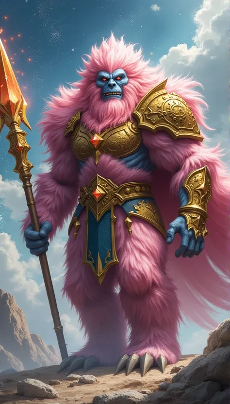 A majestic pink-haired yeti with a sacred weapon,  Wears Gold Armor ,  block 、Powerful aura ,  with fiery eyes ,  surrounded by mystical clouds and shining stars in heaven,  Exudes Mysterious and Bravery .
material:  illustration
Additional Details :  drea...