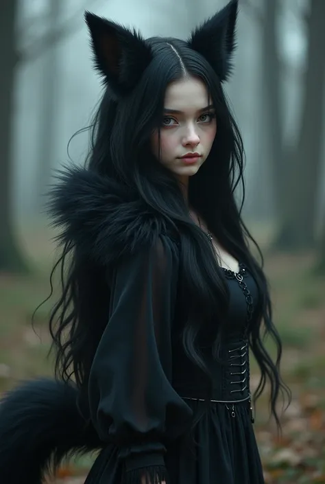 One magical girl with black eyes and pale skin. They have wolf ears along with a tail. They also have black hair meaning there ears and tail ate black. Very long black hair