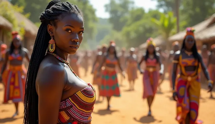 A beautiful young African woman with dark skin and an ample bust stands gracefully on the left side of the image, gazing directly into the camera with an intense, piercing look. She has intricate braided hair and wears a vibrant traditional African dress t...