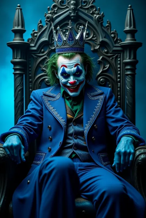  A majestic interpretation of the Joker seated on a Gothic throne ,  with a dominant blue identity .  He wears a deep blue robe with intricate embroidered details and ,  and a metallic blue crown with sparkling jewels adorns his head .  His blue hair is me...