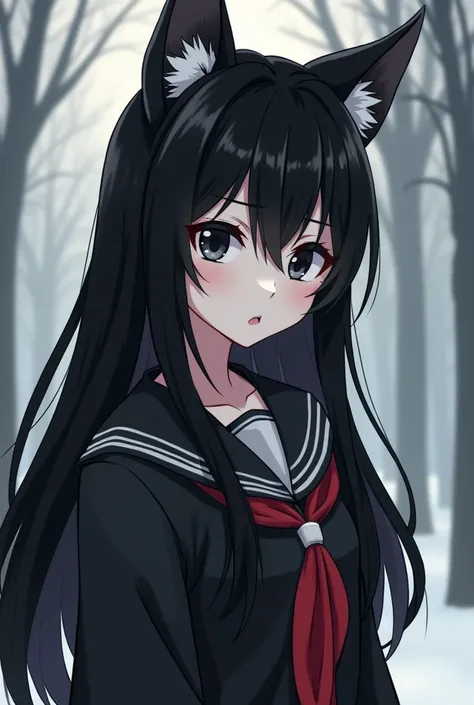 One magical girl with black eyes and pale skin. They have wolf ears along with a tail. They also have black hair meaning there ears and tail ate black. Very long black hair that is anime like a bit less realistic 