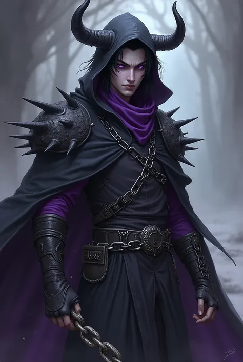 Create a character image from a dungeons and dragons game. The young, male champion is a tiefling (dark elf) with grayish-purple skin, black hair and lavender eyes. It has very short horns protruding from under its hood. He's a villain who's fighting with ...