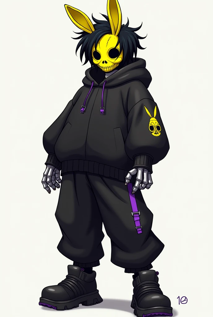 
Here’s a detailed prompt to generate this character:

"Create a character design featuring a dark and edgy aesthetic. The character has short, messy black hair with layered strands. They wear a bright yellow, bunny-inspired mask with stitched details and ...