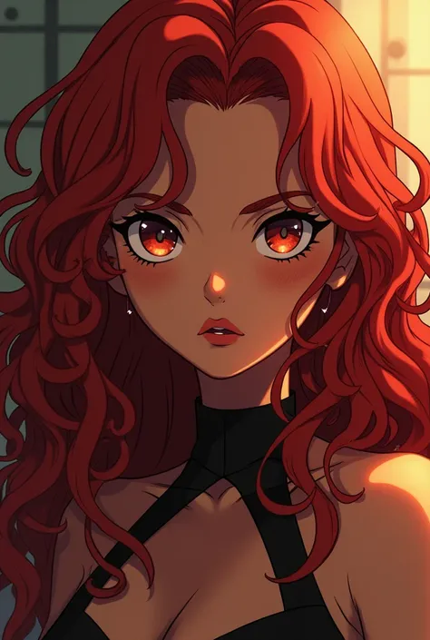  A girl in the style of the anime Dr Stone, with long red curly hair ,  brown skin, with menacing eyes,  very beautiful