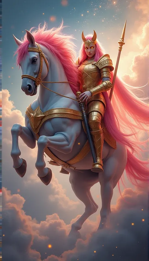 A majestic pink-haired horse with a sacred weapon,  Wears Gold Armor ,  block 、Powerful aura ,  with fiery eyes ,  surrounded by mystical clouds and shining stars in heaven,  Exudes Mysterious and Bravery .
material:  illustration
Additional Details :  dre...