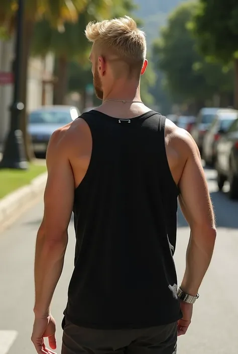  a man Fixed face Lucas Till , 20 years old, with a muscular build. He has light skin, buzzcut platinum blonde Shaved hair. His facial features include a well-defined jawline, full lips, and a neatly groomed beard. He is wearing a black sleeveless tank top...