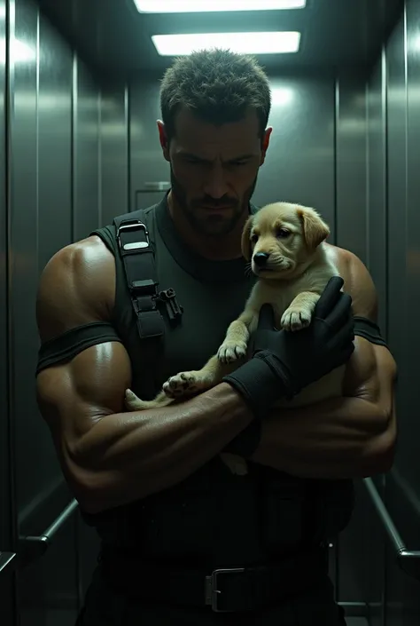 Solid snake in an elevator holding a puppy 