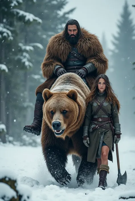  INFORMATION of a Viking warrior with long hair wearing a brown bear skin cape riding a huge brown bear,  detailed face,  pretty woman, holding axe with one hand, Advancing , photo the cowboy,  snowstorm , isolated background,  snow forest background ,  dr...