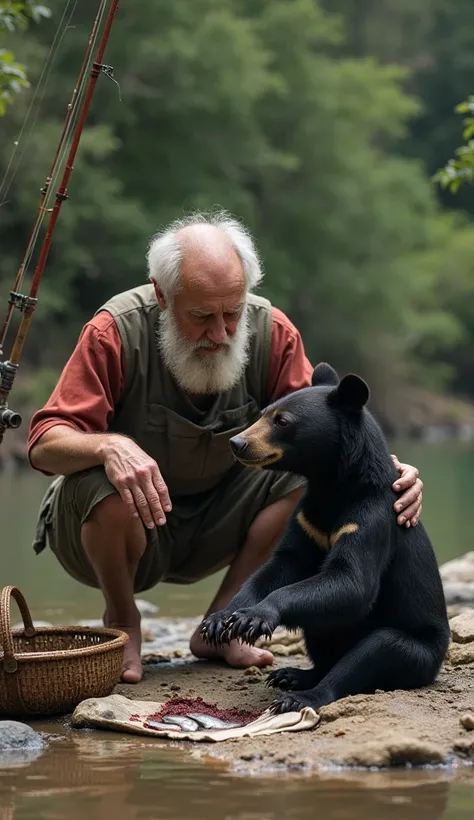 The old man walked over and crouched down beside the sun bear, carefully removing the rusty trap from its paws. His fishing rod was propped against a rock, and his basket lay nearby, partially open with a flash of silver fish visible. The sun bear's paw wa...