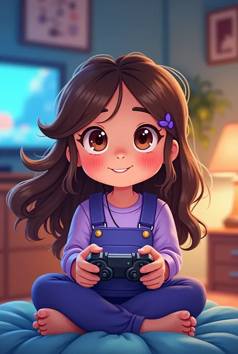 Little cartoon girl,  brown eyes,  loose brown hair, purple and blue clothing  , s, At home, Playing video games