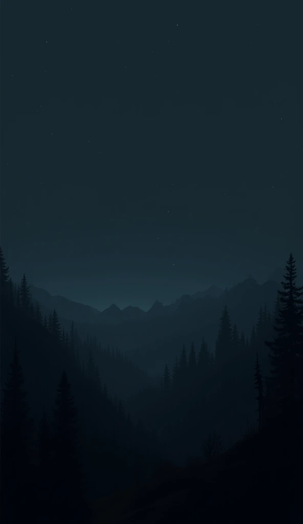 "A vast, pitch-black night sky with no stars or moon visible. The world below is shrouded in complete darkness, with only faint outlines of trees and mountains creating an eerie silhouette."
