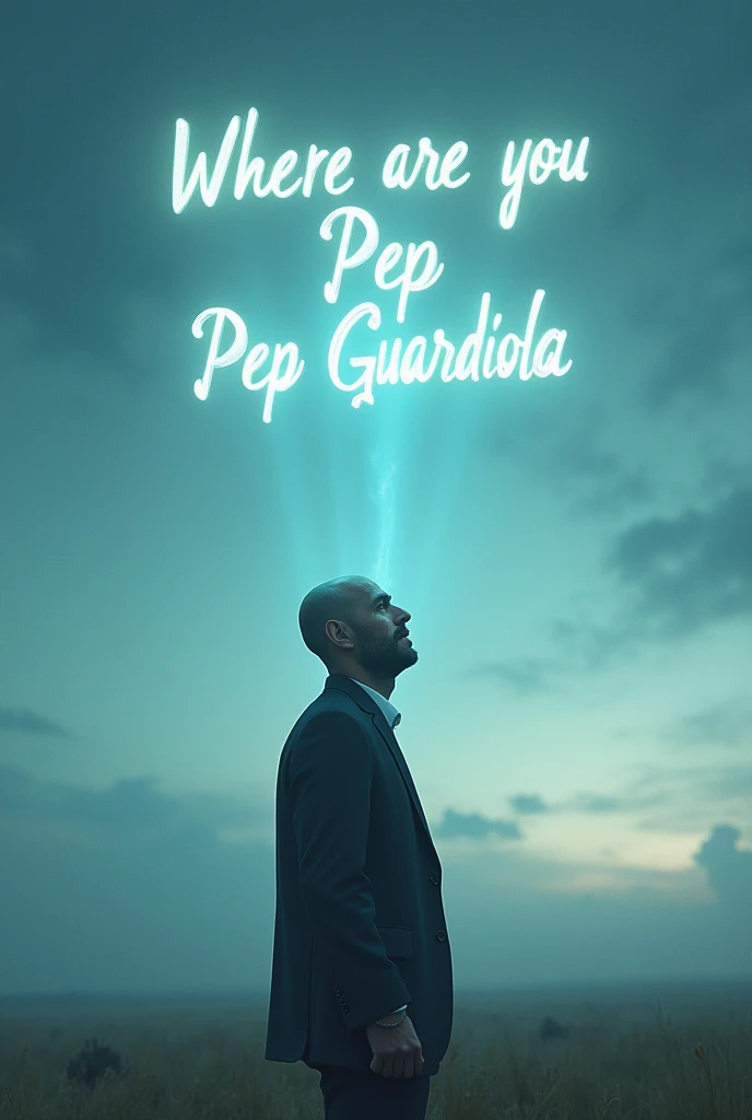  Generate a photo of Josep Guardiola looking disconsolately at an inscription in the sky that reads "Where are you Pep Guardiola " 