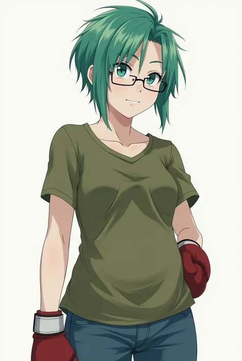   Works  , best quality,   1girl  , Alone, 23 years old,   adult book  , teal and green hair ,  messy hair , asymmetrical hairstyle, ahoge,  very short hair ,  turquoise eyes ,  medium chest  ,   tight boxing gloves , 167cm ,  Pale skin , glasses,  grin , ...