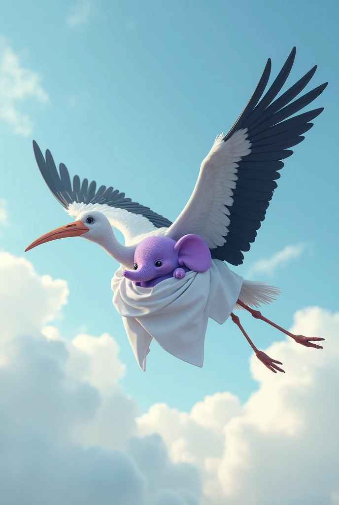 Flying stork carrying a purple baby elephant wrapped in a white handkerchief 