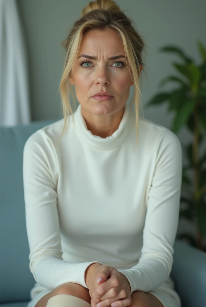 White woman, 45 years old blonde hair pulled back in a bun, green eyes, pink narrow clenched lips, wearing a white turtleneck with a white mini skirt, light beige knee high boots, sits embarrassed