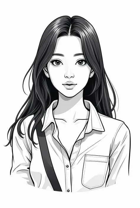 line art of a famous travel photographer, a girl with long black straight hair