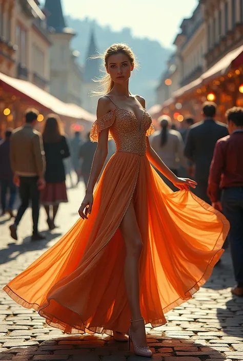 a dancer in a beautiful dress and shoes looks directly at a fair in the Czech Republic real photo