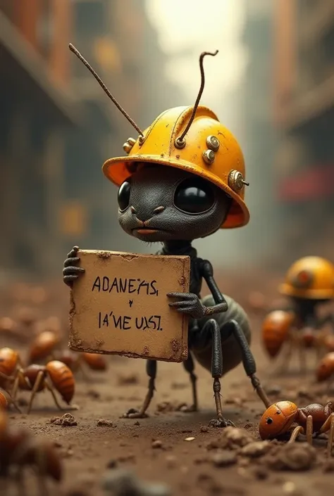 An ant wearing a worker's helmet holding a sign