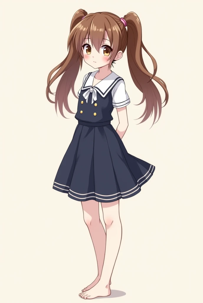  you make an anime girl with long brown hair and brown eyes. She has two tall pigtails . She's wearing a sailor dress