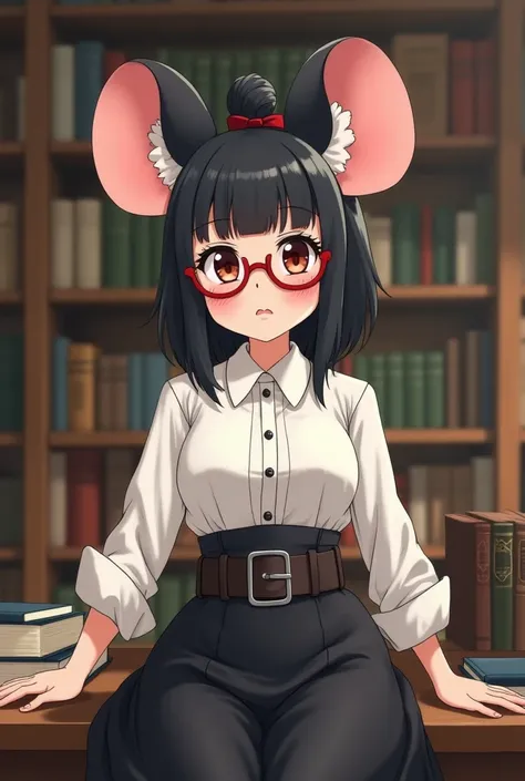 A cute mouse girl librarian, the embodiment of 'as quiet as a mouse'. 32 years old, 5 foot tall, with large expressive mouse ears. Wears a high waisted tea-length black A-line skirt and white dress shirt with a chunky belt on her waist where the skirt and ...