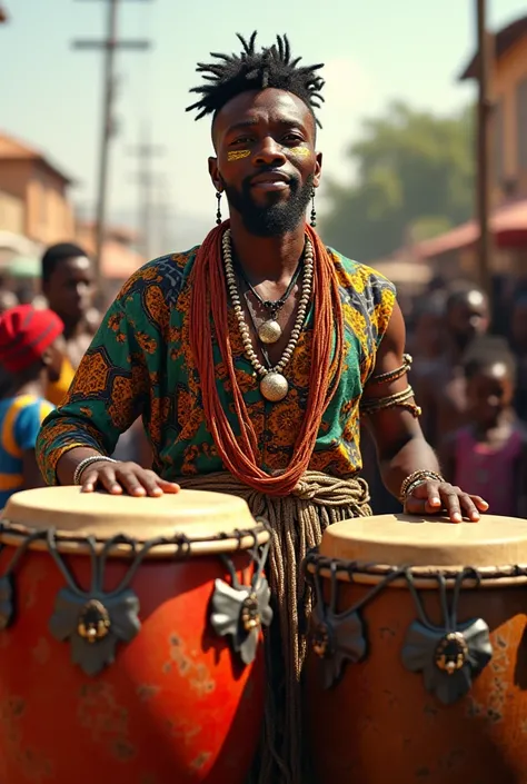 Design an image of an African DJ with quite colorful drums 