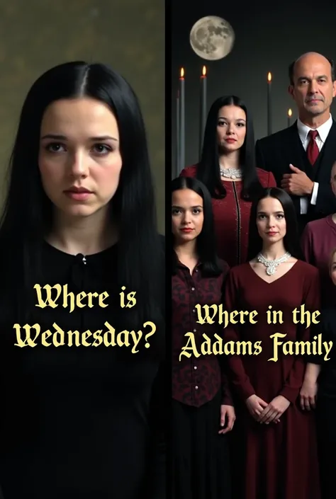 Split screen:

Left half – Wednesday Addams from the series Wednesday, next to the text:
“Where is Wednesday?”
The text is done in the Gothic style, like in the series.
Right half – the Addams family in full, next to the text:
“Where are the Addams Family ...