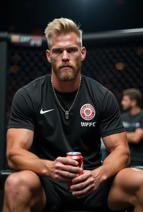 MAN 27 YEARS OLD, model, theo janes,  very tall and strong , muscular,  strong physical size , cabelo classic hair blonde super claro, short beard, blonde,  square face , white light skin,  blue eyes, forte e muscular, wearing a black UFC VENUM , black sho...