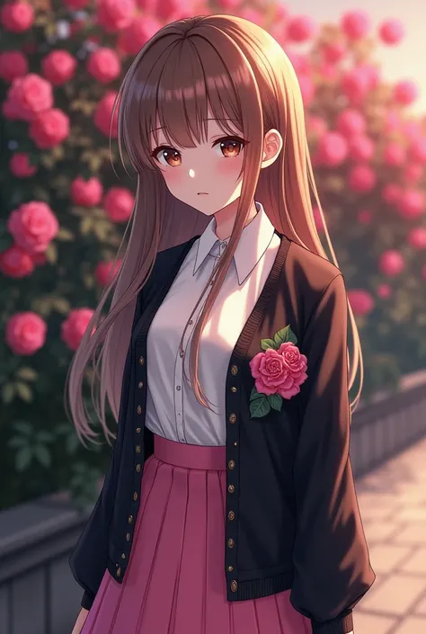 A girl with light brown hair, white skin, brown eyes, 19 years old, slightly Japanese features with a mix of European. She wears a white blouse, a pink skirt and a black sweater with pink roses. The background is a place with roses under or at night 