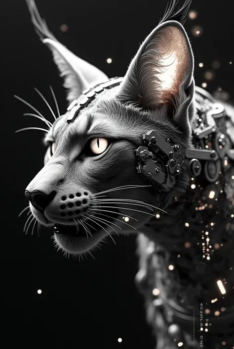 " Create a stylized lynx in a fusion of cyberpunk ,  steampunk and indigenous Peruvian style .  The image must be in black and white ,  focusing on a dramatic close-up of the head Howl and look directly at the viewer.  Clearly show the flaming ears and eye...