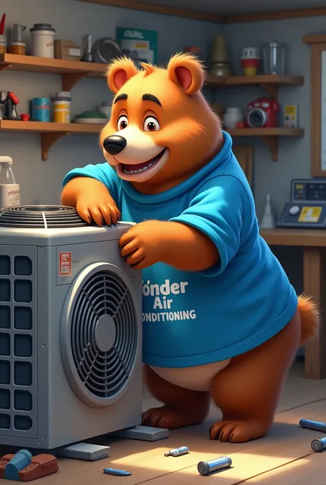 A bear wearing the shirt with the name Wonder air conditioning working with air conditioning 