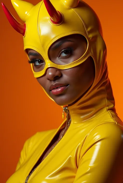 a close up of a woman in a yellow latex outfit, an album cover inspired by David LaChapelle, trending on cg society, afrofuturism, doja cat as cat woman, doja cat, intricate latex set, david la chapelle, orange and yellow costume, full body devil woman, la...