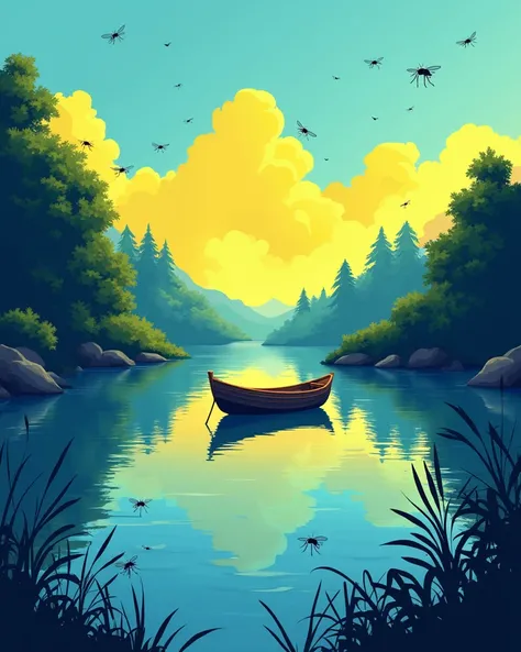 a landscape image of a yellow and blue silhouette of lake with boat and infested with mosquitoes