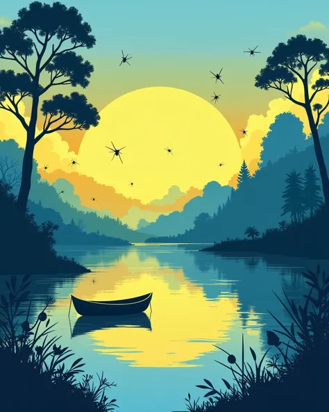 a landscape image of a yellow and blue silhouette of lake with boat and infested with mosquitoes