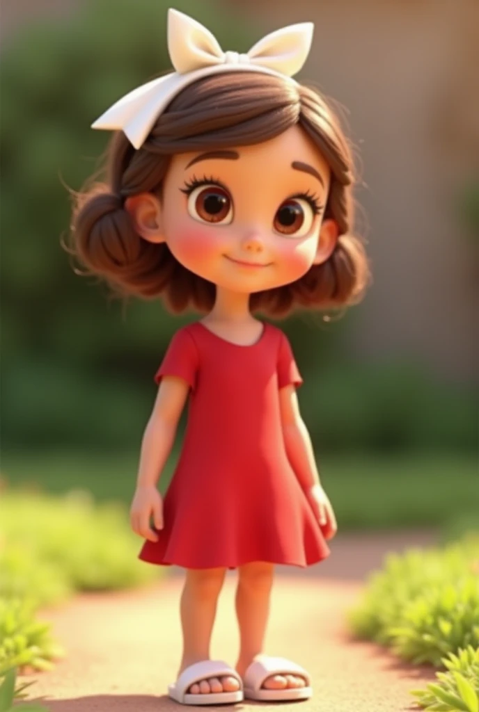  Disney Pixar 3D character. character is a small   . Light brown hair ,seeds,far away, brown eyes , fair skin .She has a white bow in her hair and is wearing a red dress,white sandals . she is in a blurry garden behind .She appears in full body 