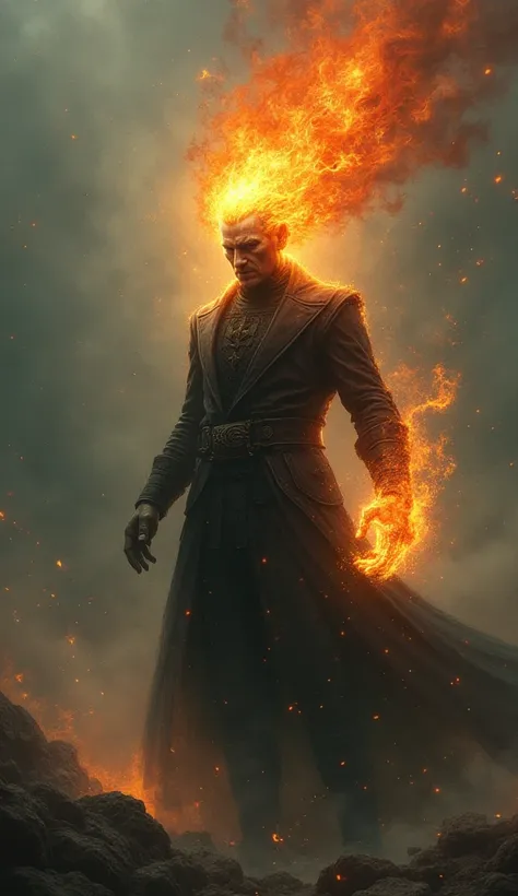 Make a left-handed man with cool vision and his head on fire see him