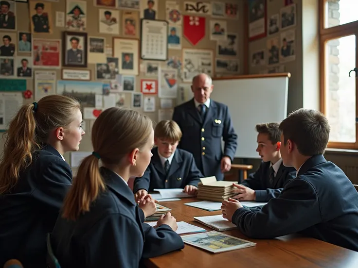 A group of ren at a school learning about the Axis regime in World War II, with pictures and symbols dominating the room 