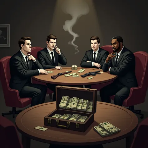  An animated image of a modern gangster group with white and black representatives, who are sitting at a round table .  One of the gangsters smokes a cigarette . There is a case filled with bundles of dollars on the table .  Powder bags and weapons are als...