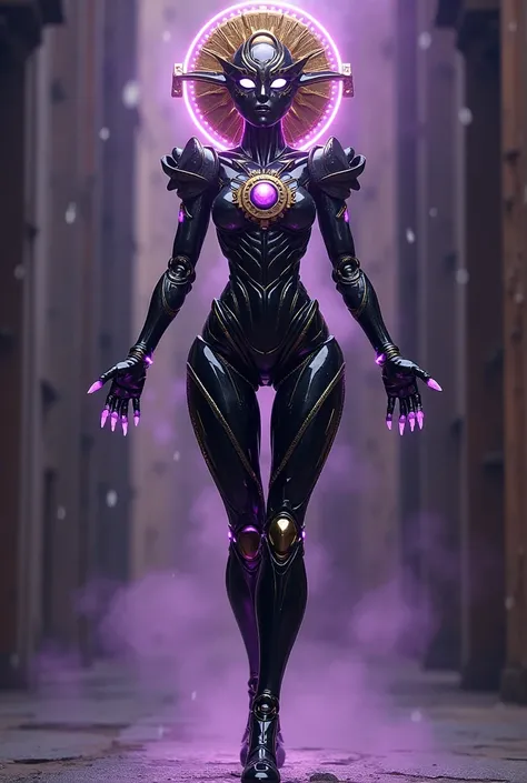 JoJo’s Bizarre Adventure, Female stand ,  humanoid body with metal structure and plates ,  predominance of black with gold and silver details .  Head with mask in the shape of a crescent moon and sun ,  shiny silver eyes with surrounding lilac aura .  Thin...