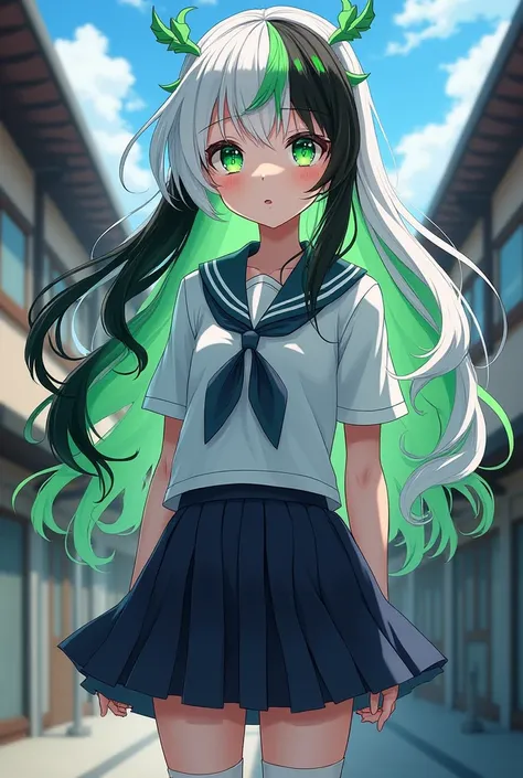  Create a female white-haired anime character ,  with long black hair with tufts of green hair,  bright green eyes , What to wear Japanese school uniform  