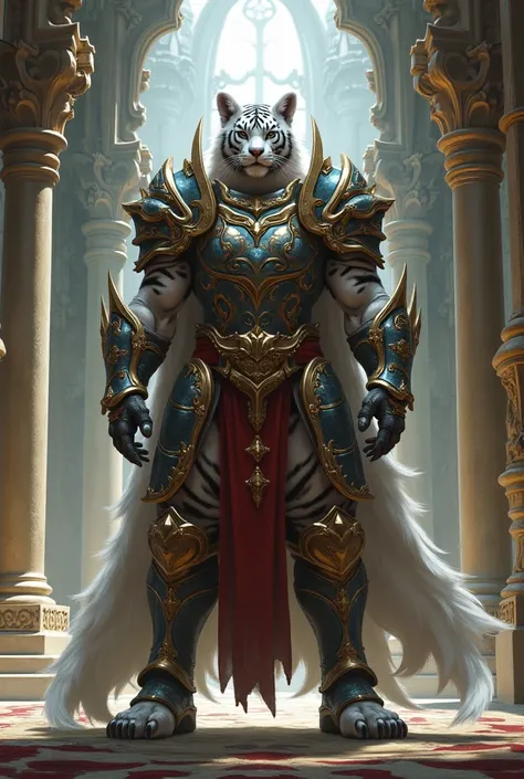 create a dnd image of a white-skinned saber-toothed tiger with black stripes humanoid, of the paladin class