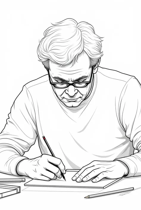 line art of an mid-aged man with black thick glasses and black bair drawing something