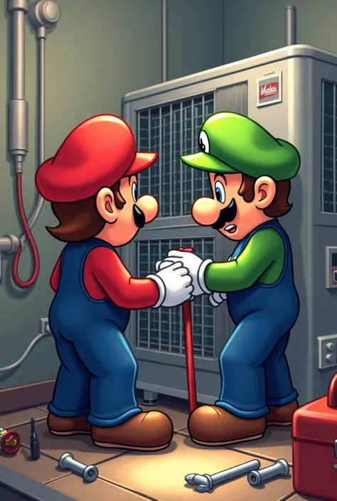 Mario Bros wearing the Wonder shirt air conditioning with the tool case working with air conditioning 