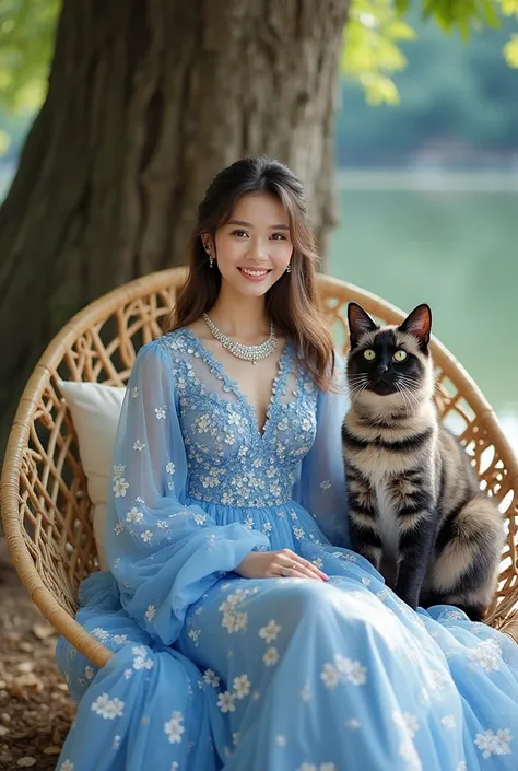 real image of a beautiful Thai girl wearing a diamond necklace Long abaya long dress Ball gown multi-layered blue white cherry blossom print is sitting relaxed on a modern rattan chair decorated with jewels accompanied by a giant angora cat zebra motif smi...