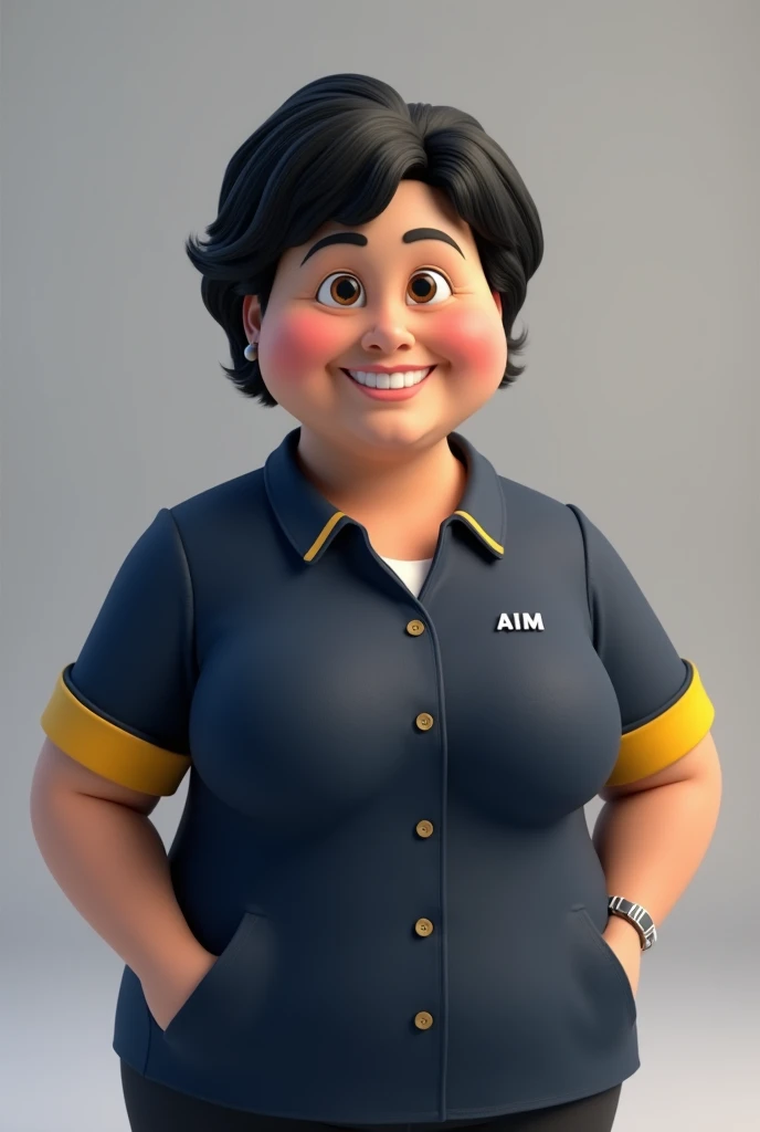  Use your face and dress up as a teacher. 3D animated image format . A chubby white woman.  short black hair. Uniform top . Dark blue.  with yellow details on the sleeves. Written in the center: aim. 