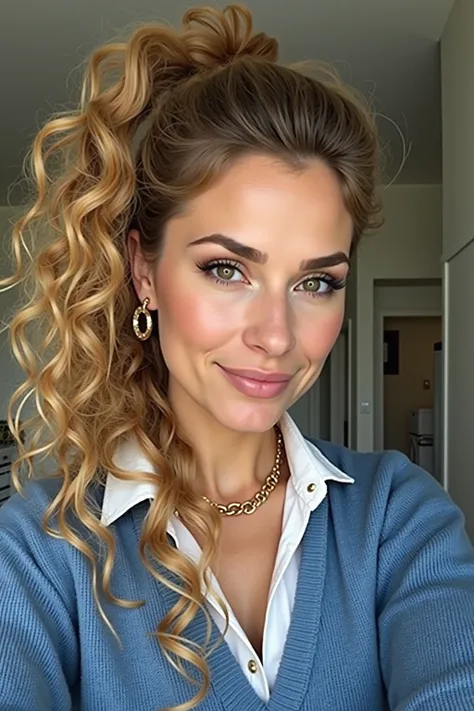 Make a realistic and high resolution (8k) and detailed photo of a woman with a long big curly ponytail that is honey blond and has on a blue sweater with a white buttonup underneath with the collar sticking out and a gold necklace with gold earrings and he...