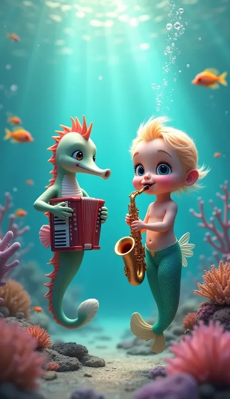 Prompt en anglais :

An adorable baby mermaid with a shimmering, colorful tail is playing a saxophone in a stunningly clear and vibrant underwater setting. The baby mermaid has a sweet, cheerful expression, holding the saxophone with tiny hands and blowing...