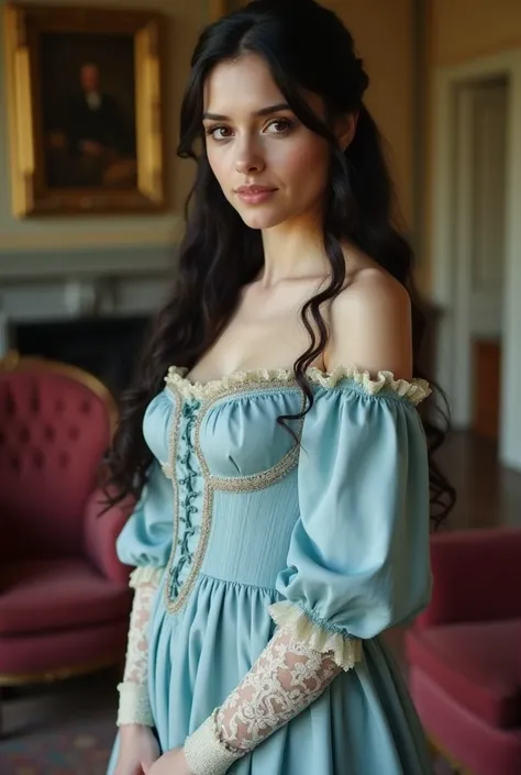  historical romance genre, beautiful young woman 20 years old,black hair,dark brown eyes,that looks like young Helena Bonham Carte,wearing a beautiful 19 century light-blue dress, she’s standing in a living room of regency England manor